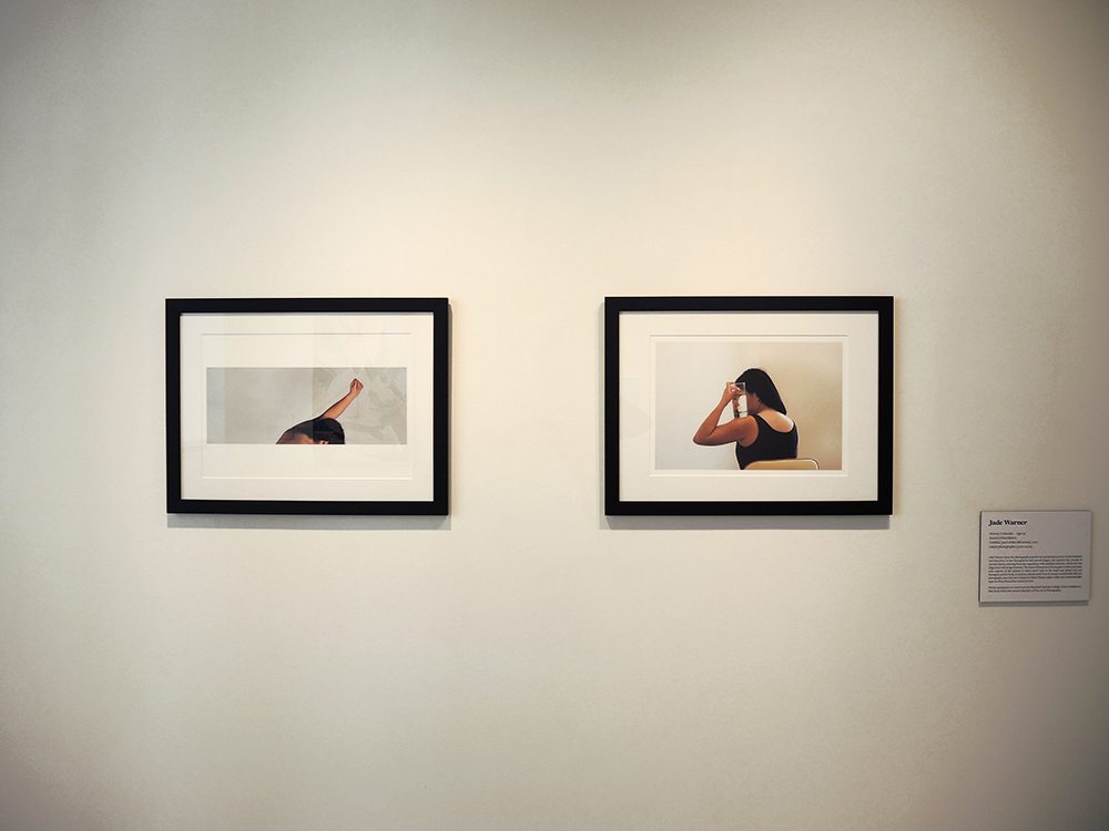 Two framed images of a woman with her back toward the camera in different positions, with most of her body out of frame