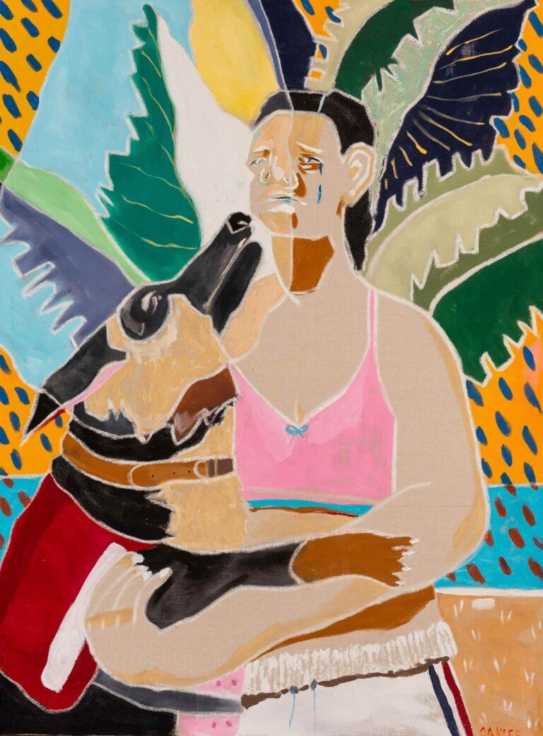 A color blocked painting of a person with a dog, with a variety of textures and colors in the background