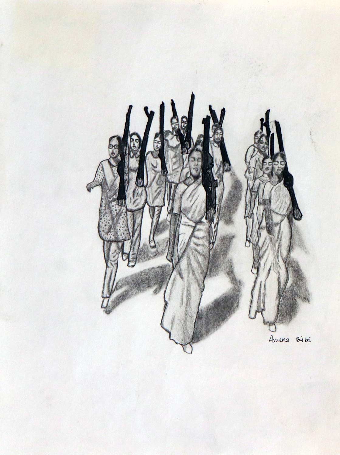 An illustration of a group of women carrying guns on their shoulders