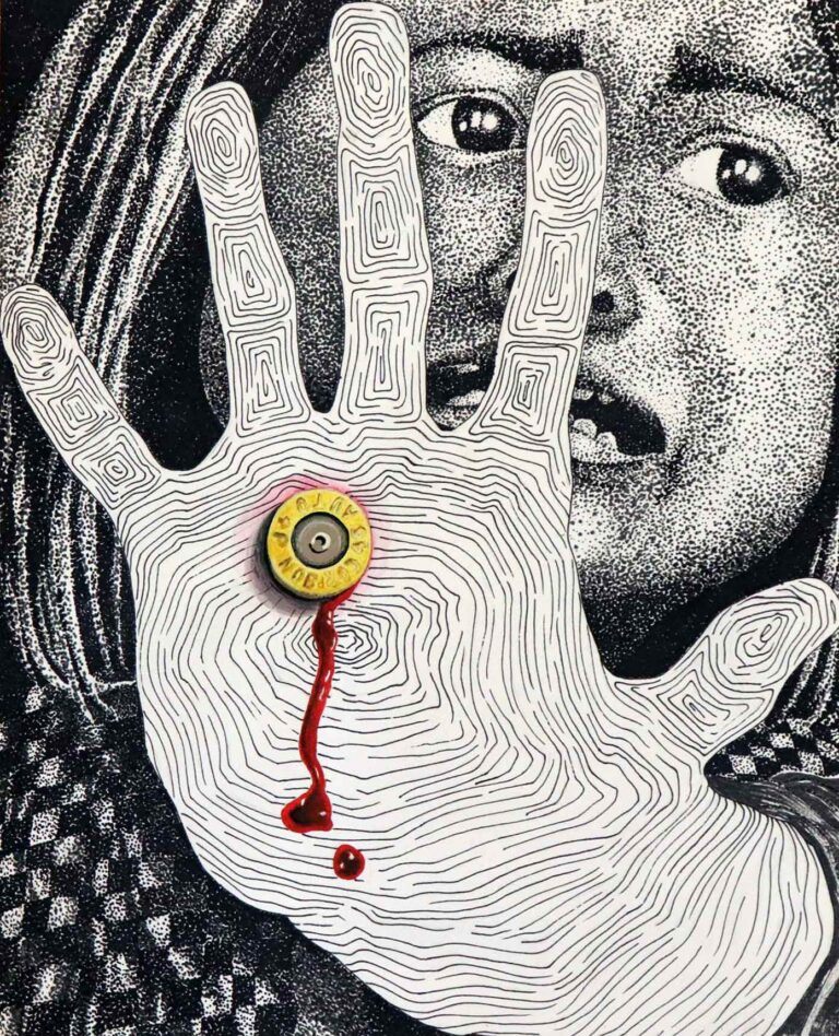 An illustration of a child with a bullet in their hand