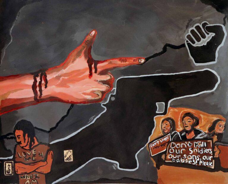 A painting of a hand in the shape of a finger gun. A shadow behind it shows a hand holding a gun. There are collaged scenes of gun violence and protest within the image.