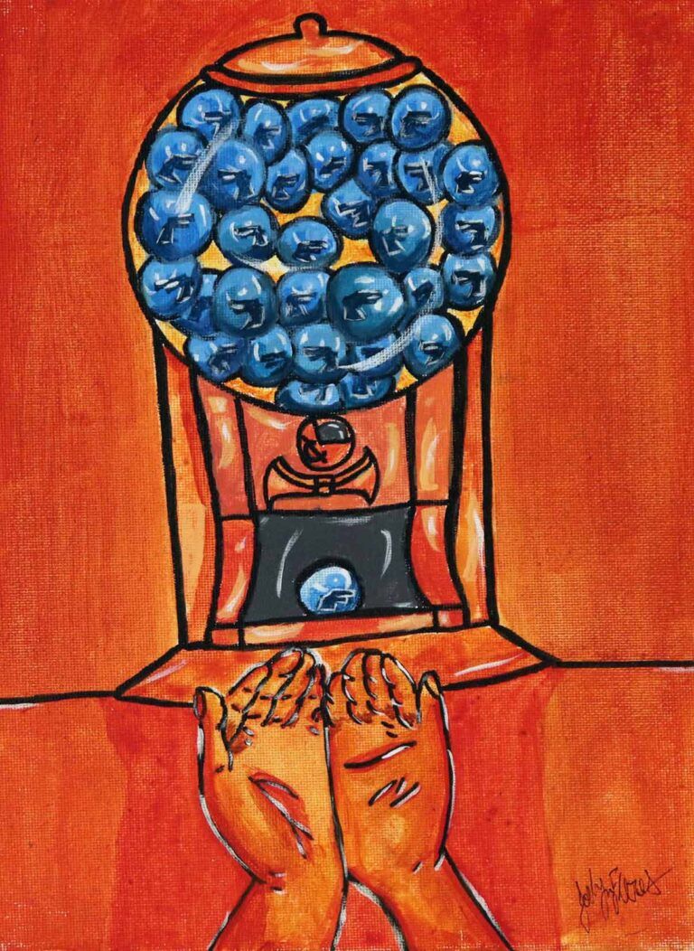 A painting of a gumball machine holding plastic balls with toy guns inside