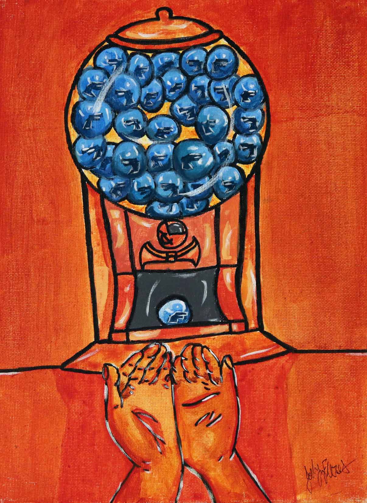 A painting of a gumball machine holding plastic balls with toy guns inside