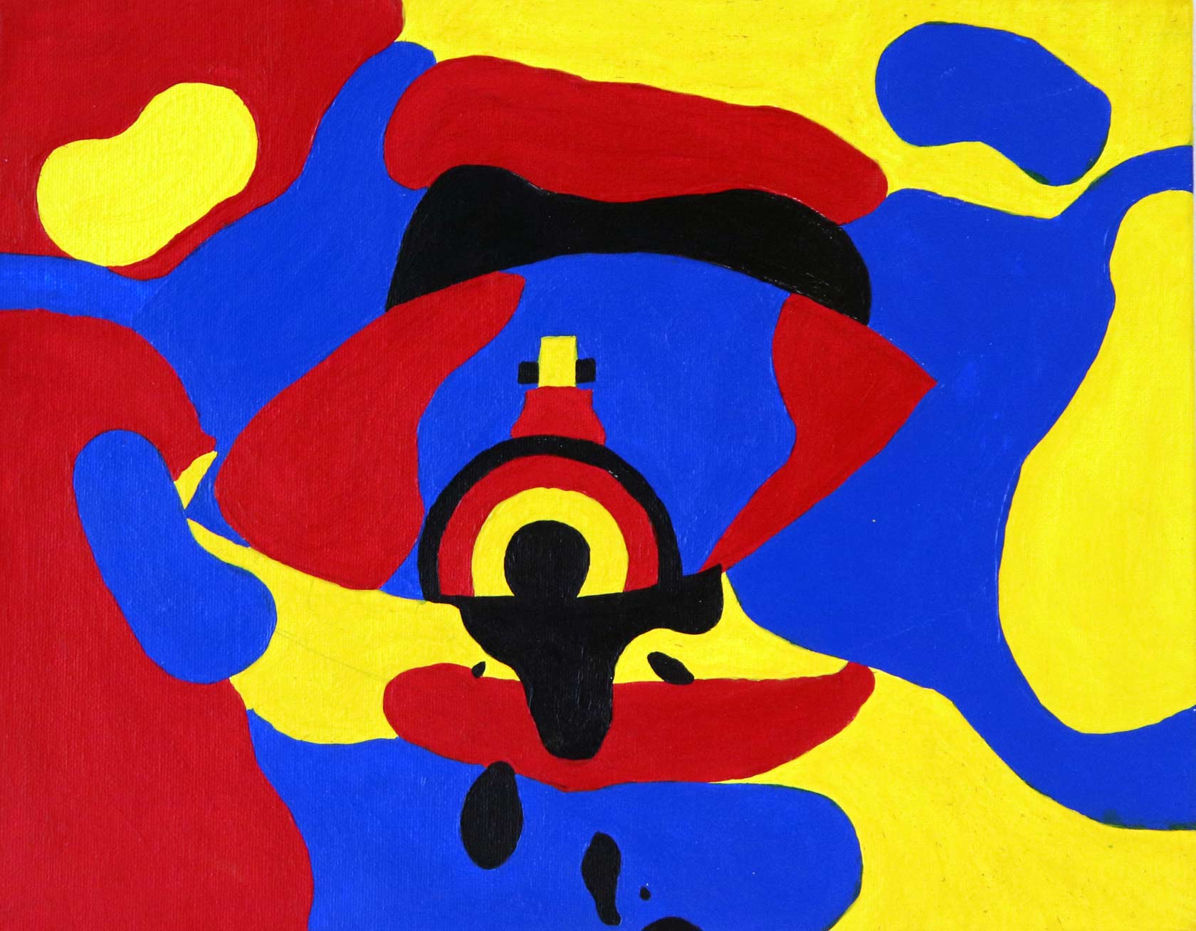 abstract red, blue, yellow and black painting with an abstracted eye