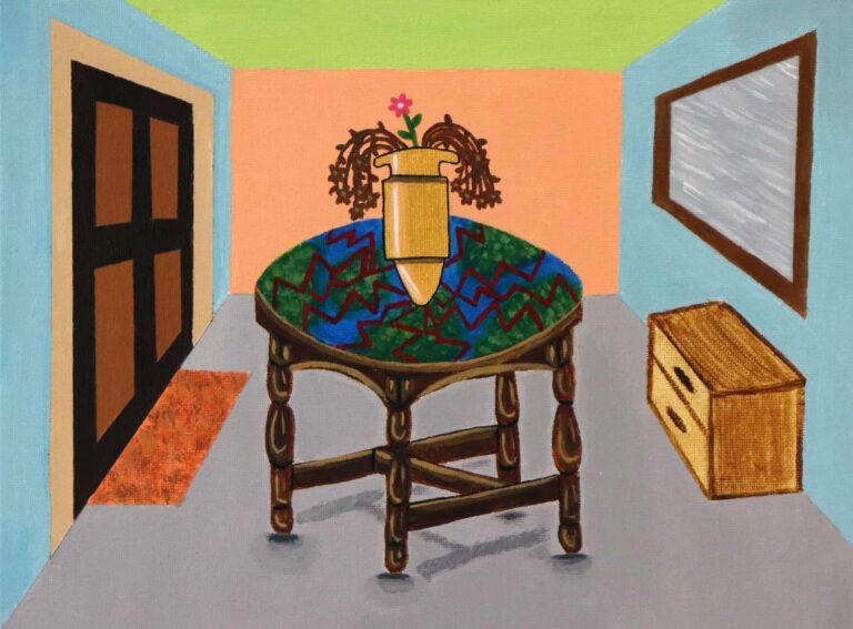 A painting of a room interior. At the center is a pot holding flowers