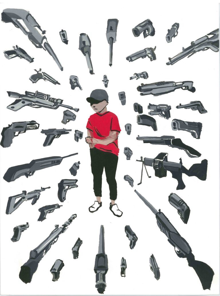 A painting of many guns pointed at a person in the center