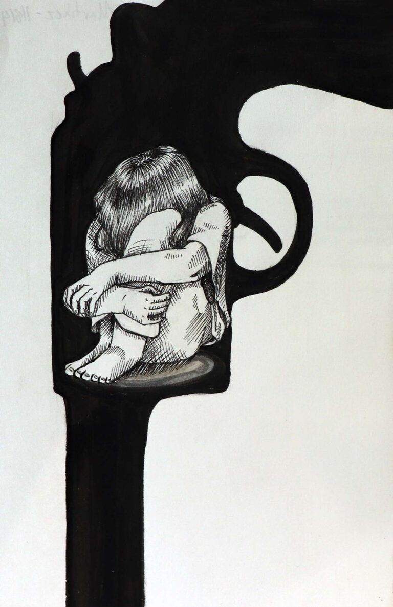 An illustration of a child crouching inside the silhouette of a gun