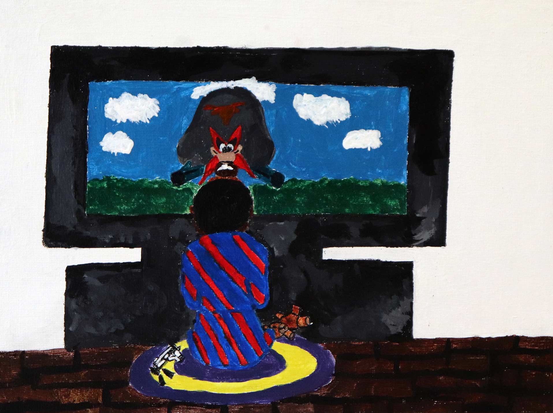 a painting of a boy watching television