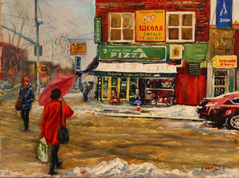 A painting of pedestrians in a snowy street