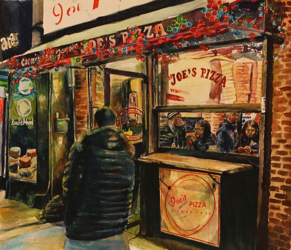 A painting of a man walking past a restaurant named "Joe's Pizza"