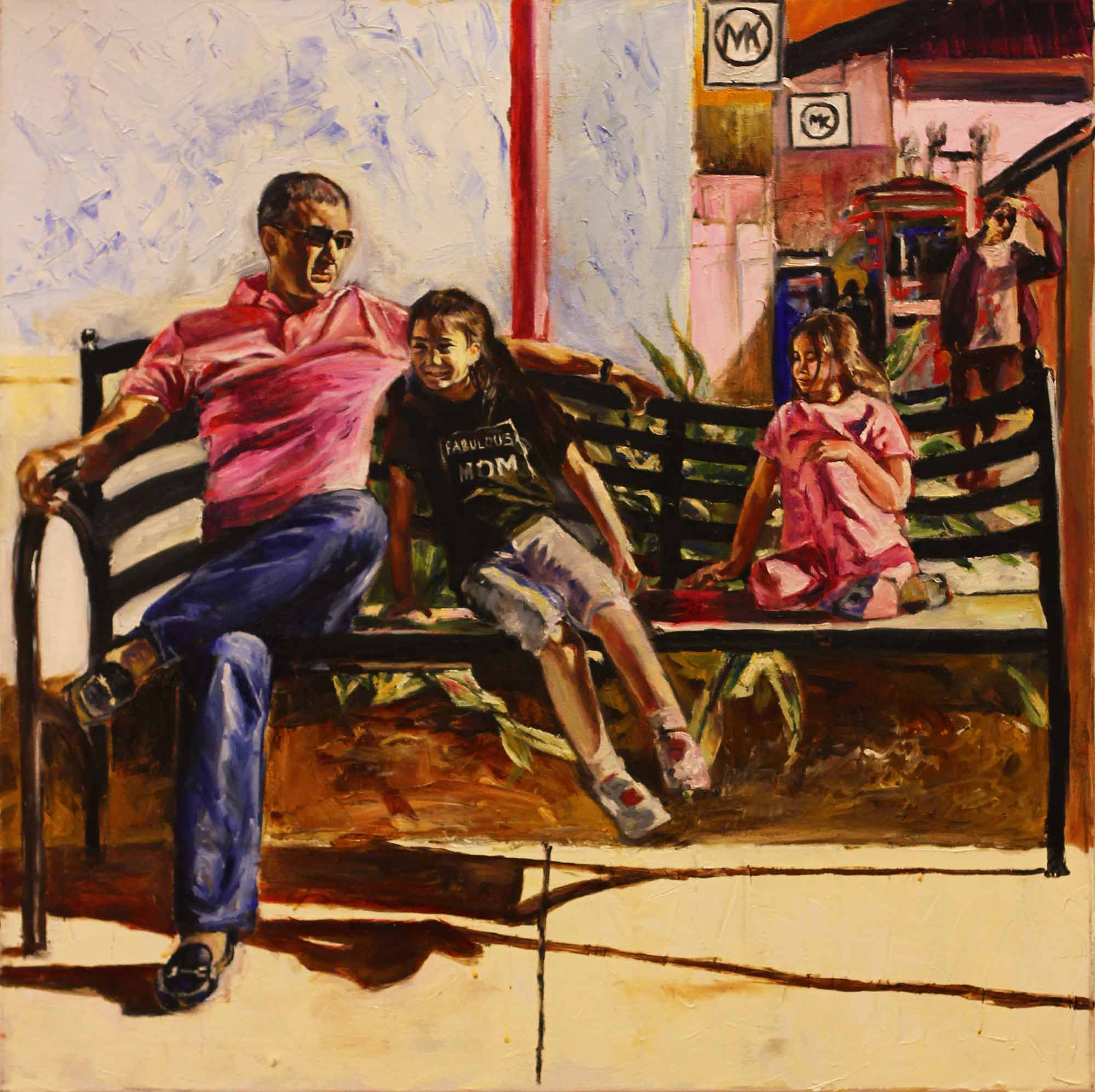 A painting of a man sitting on a bench with two children