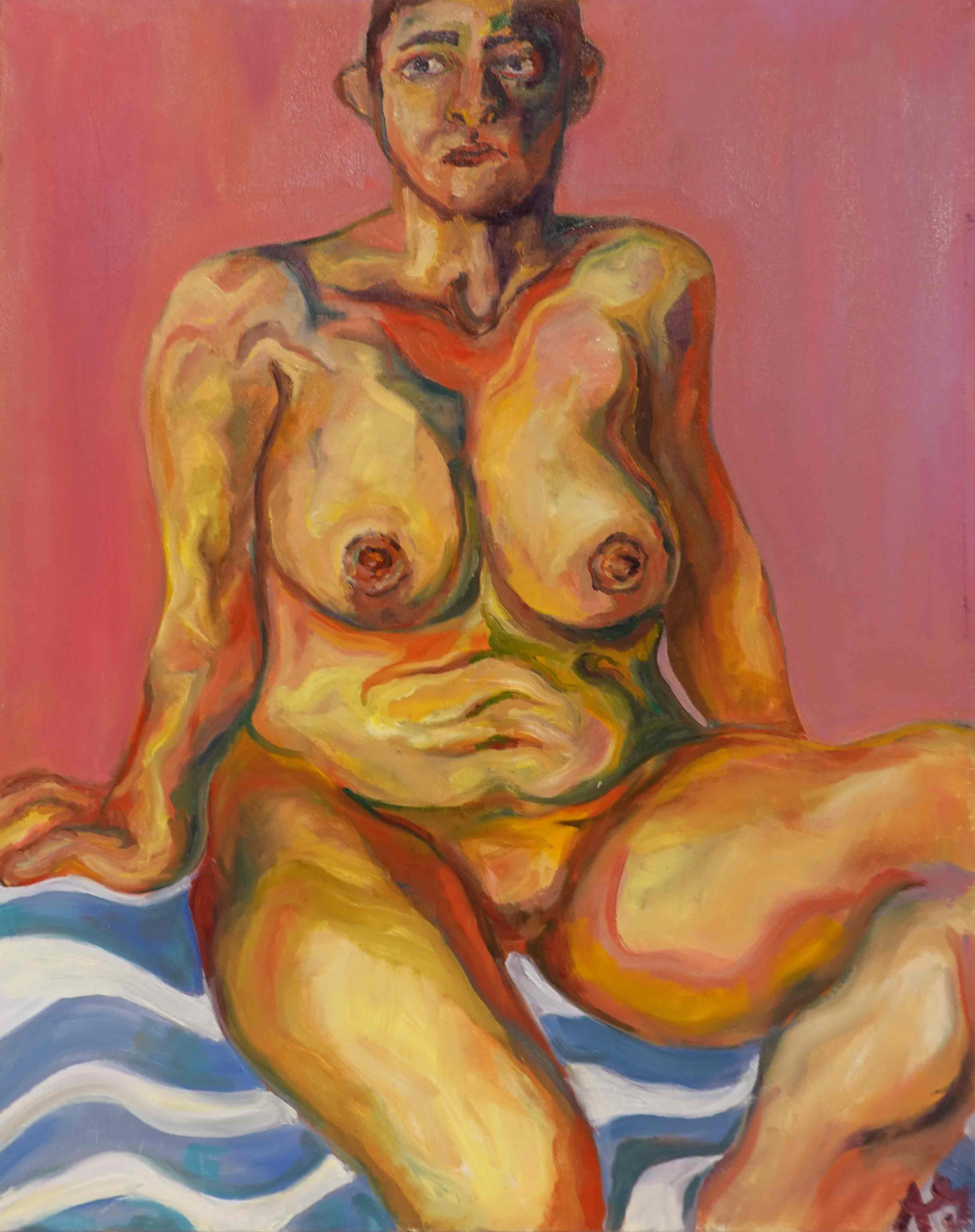 A painted portrait of a nude woman