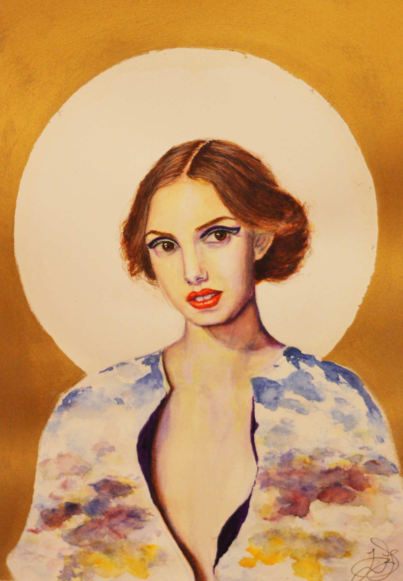 A painted portrait of a woman in front of a white orb