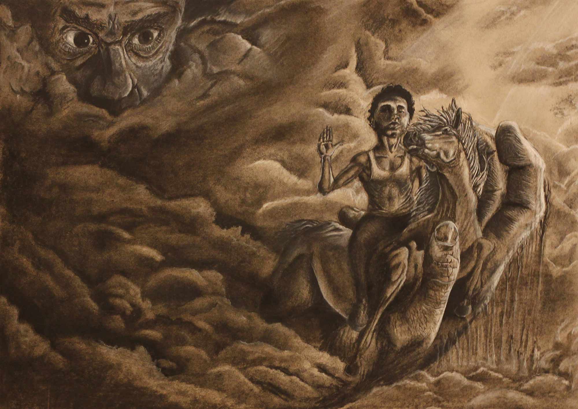 A drawing of a man in the sky holding a woman and horse in his hand