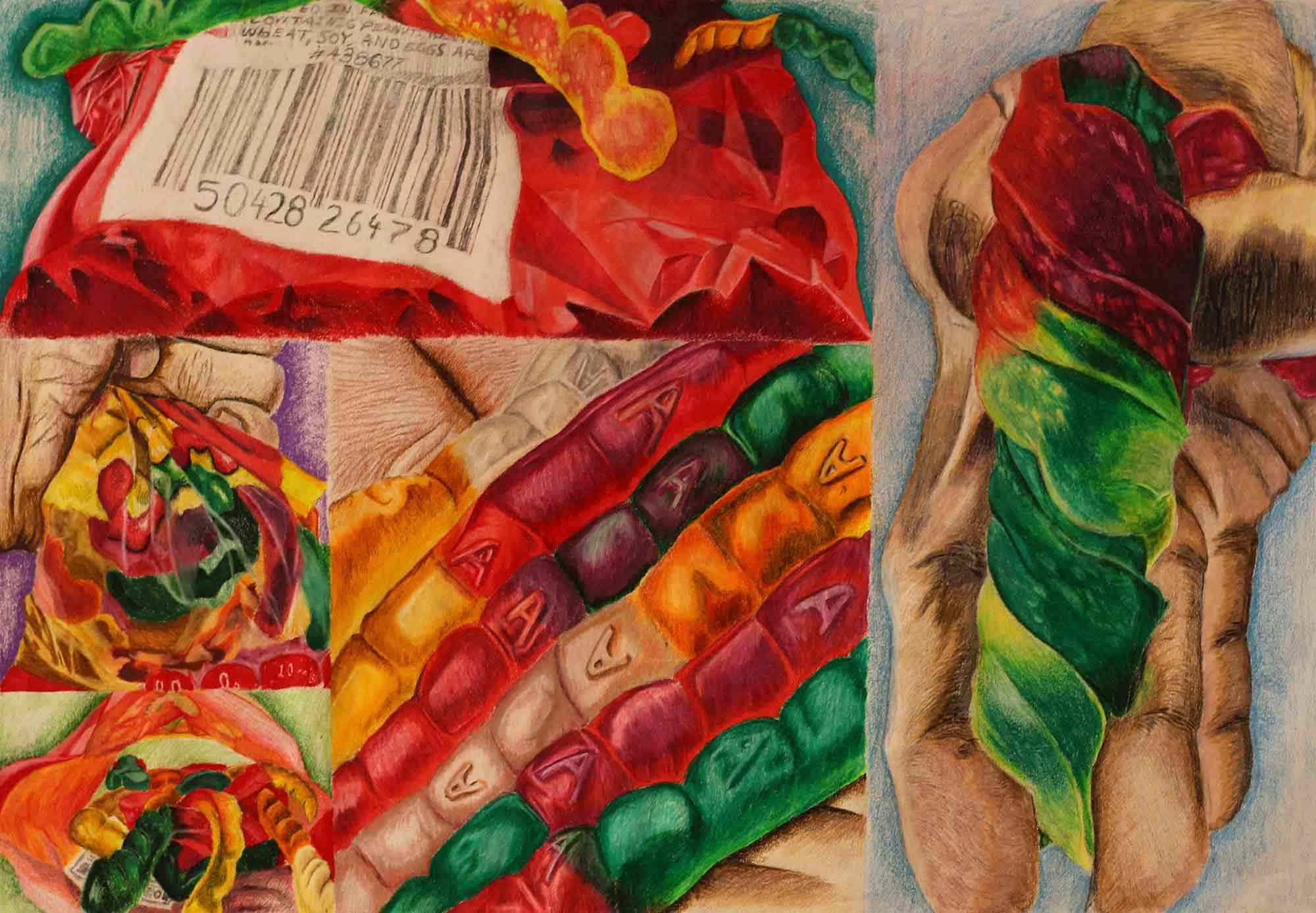 Collaged drawings of gummy worms