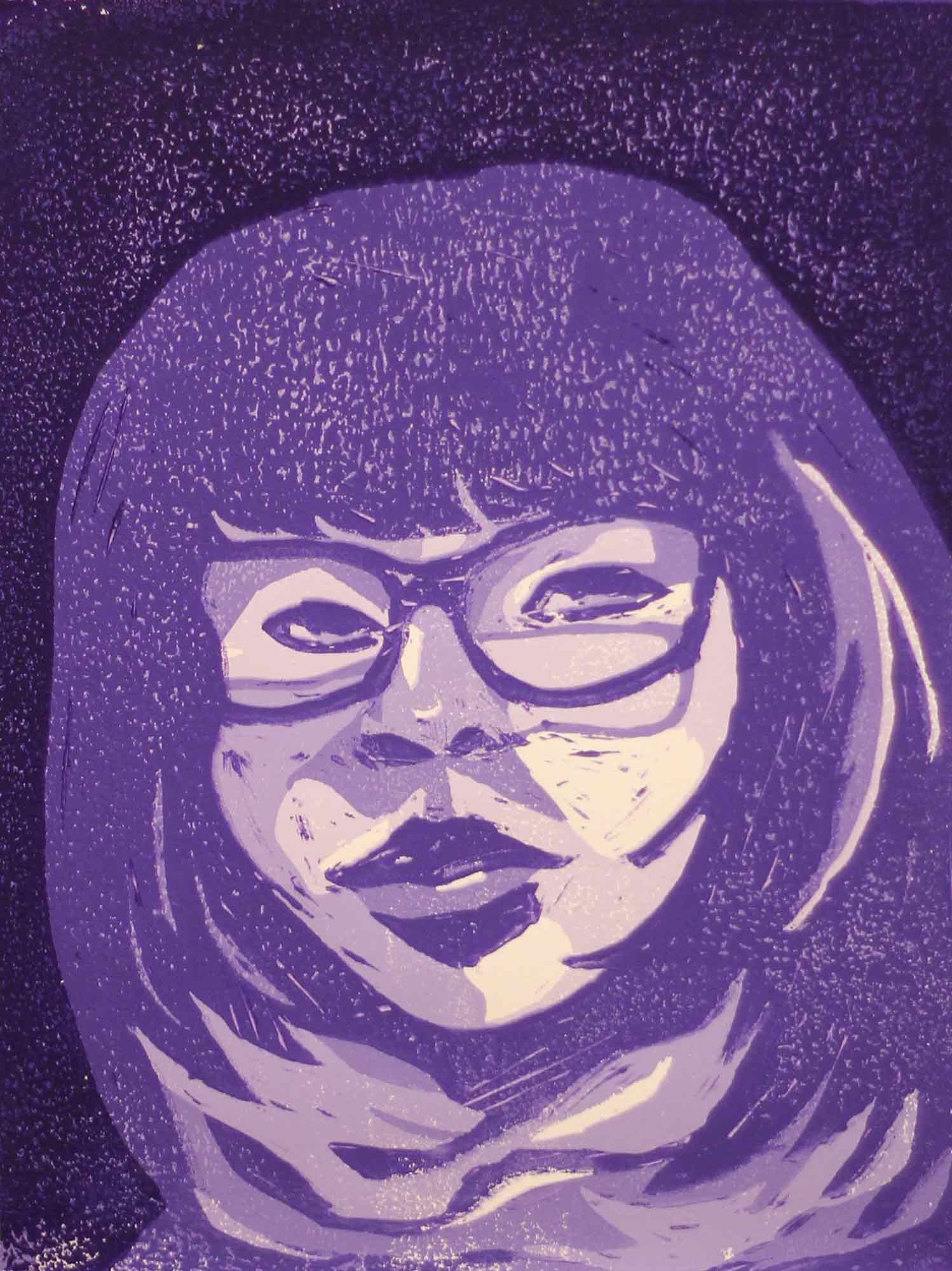 A print of a woman in purple