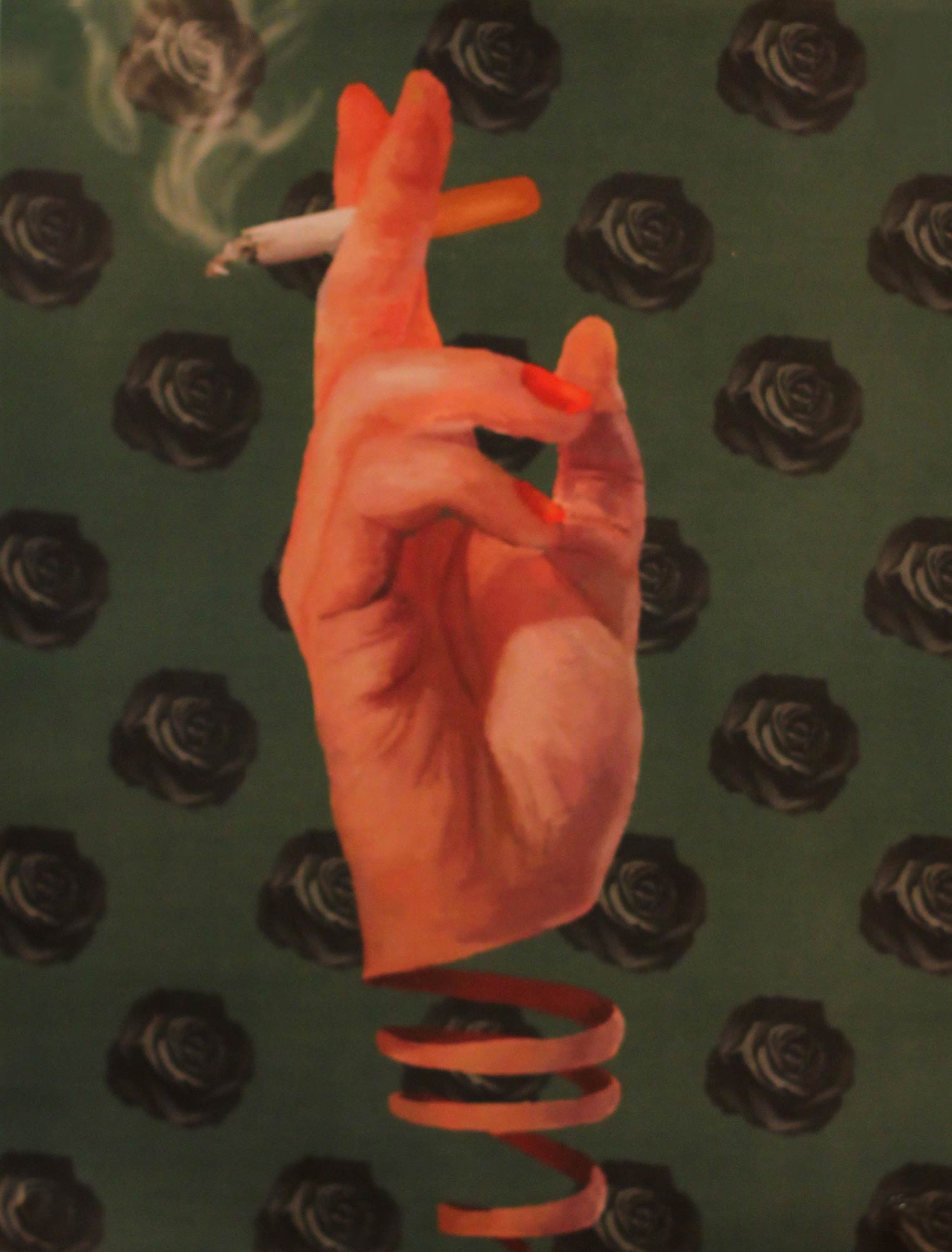 A painting of a hand holding a cigarette