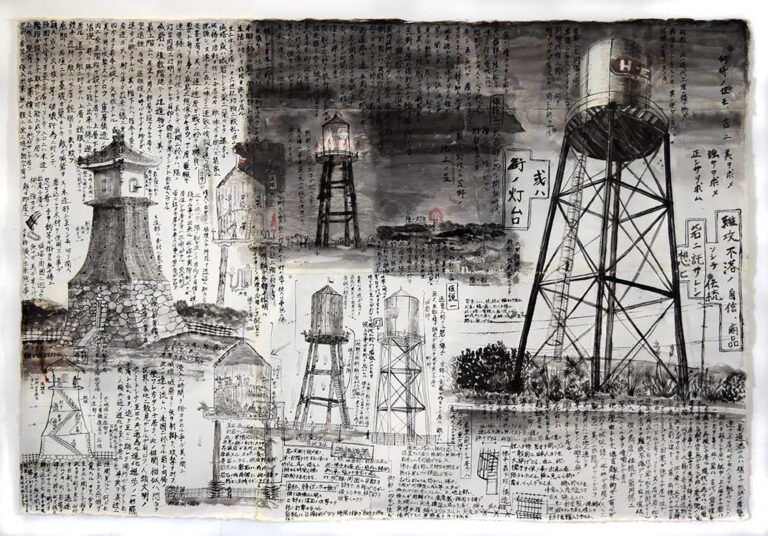 A drawing of water towers and similar structures on paper with Japanese text