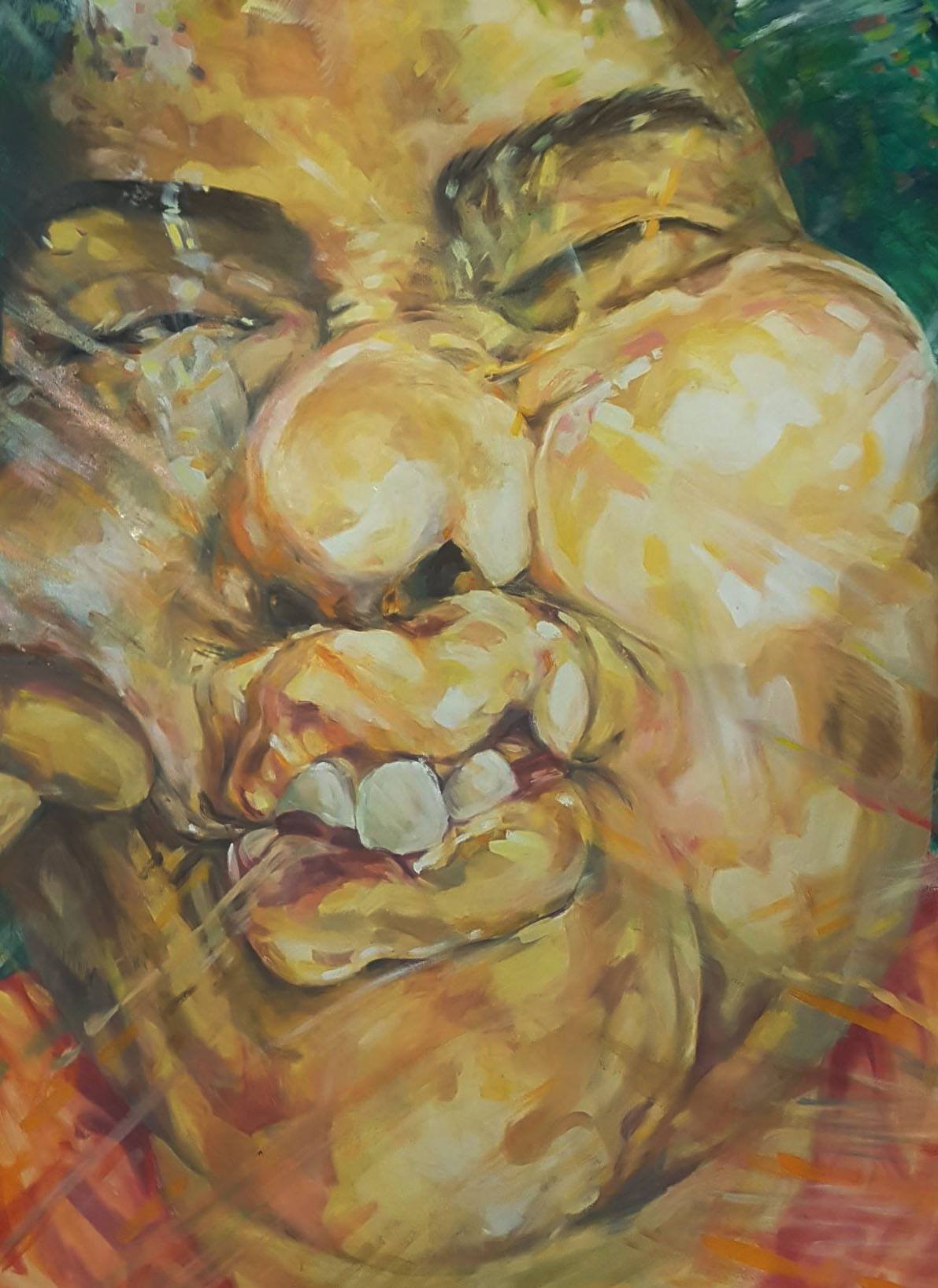A painting of a person with plastic over their face