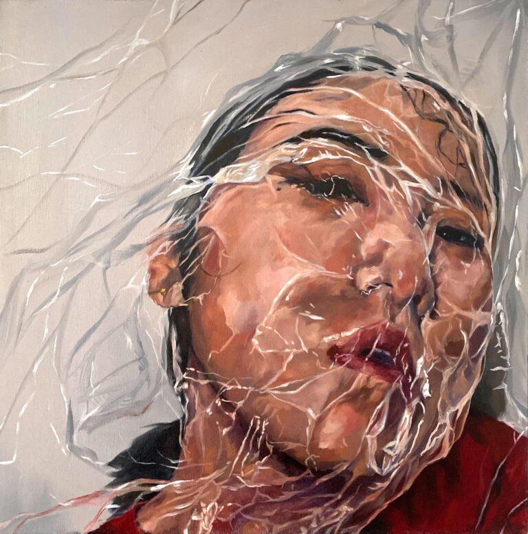 A painting of a woman with plastic over her face