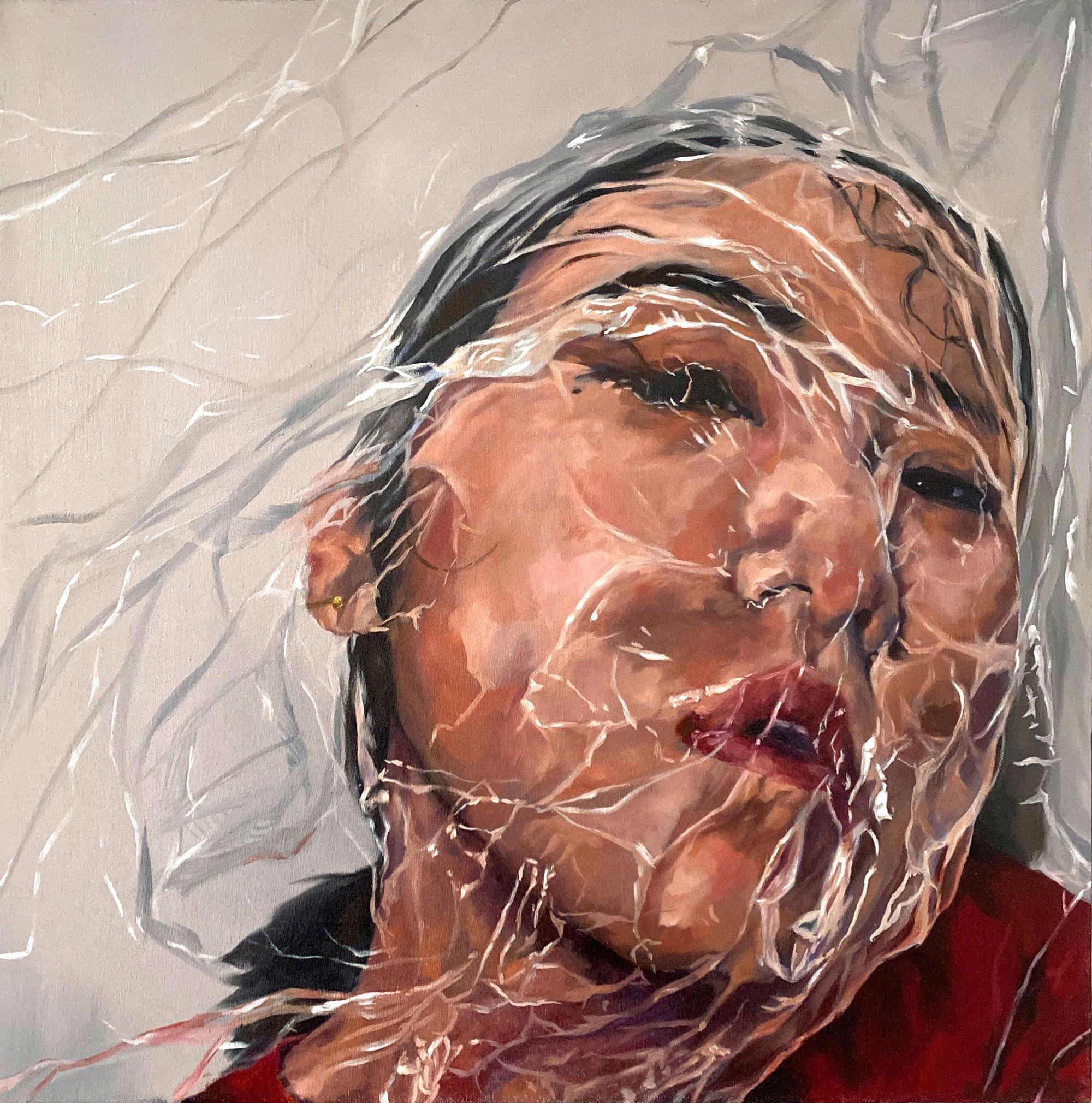A painting of a woman with plastic over her face