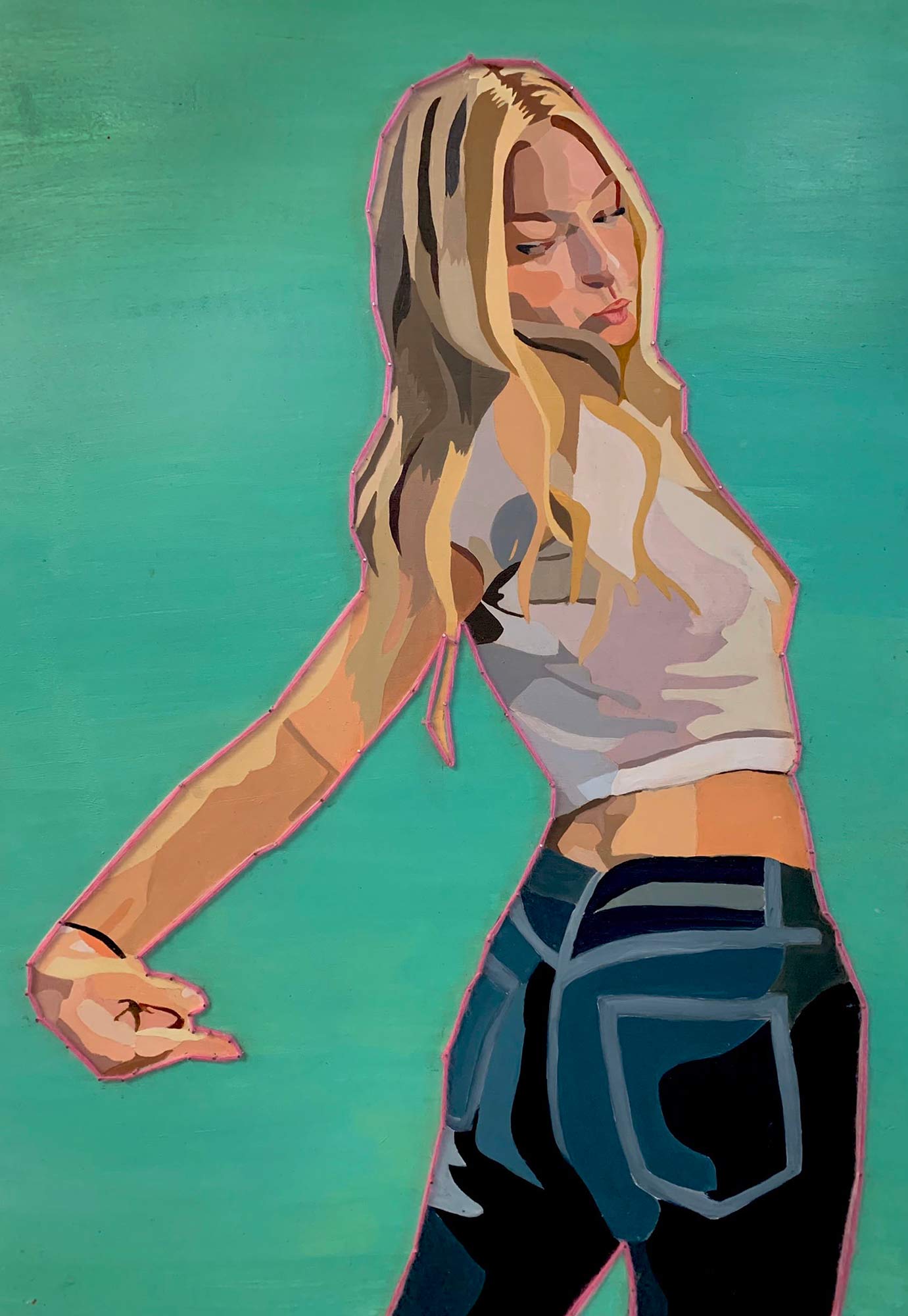 A painting of a blonde woman on a green background