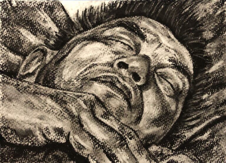 A charcoal drawing of a man asleep