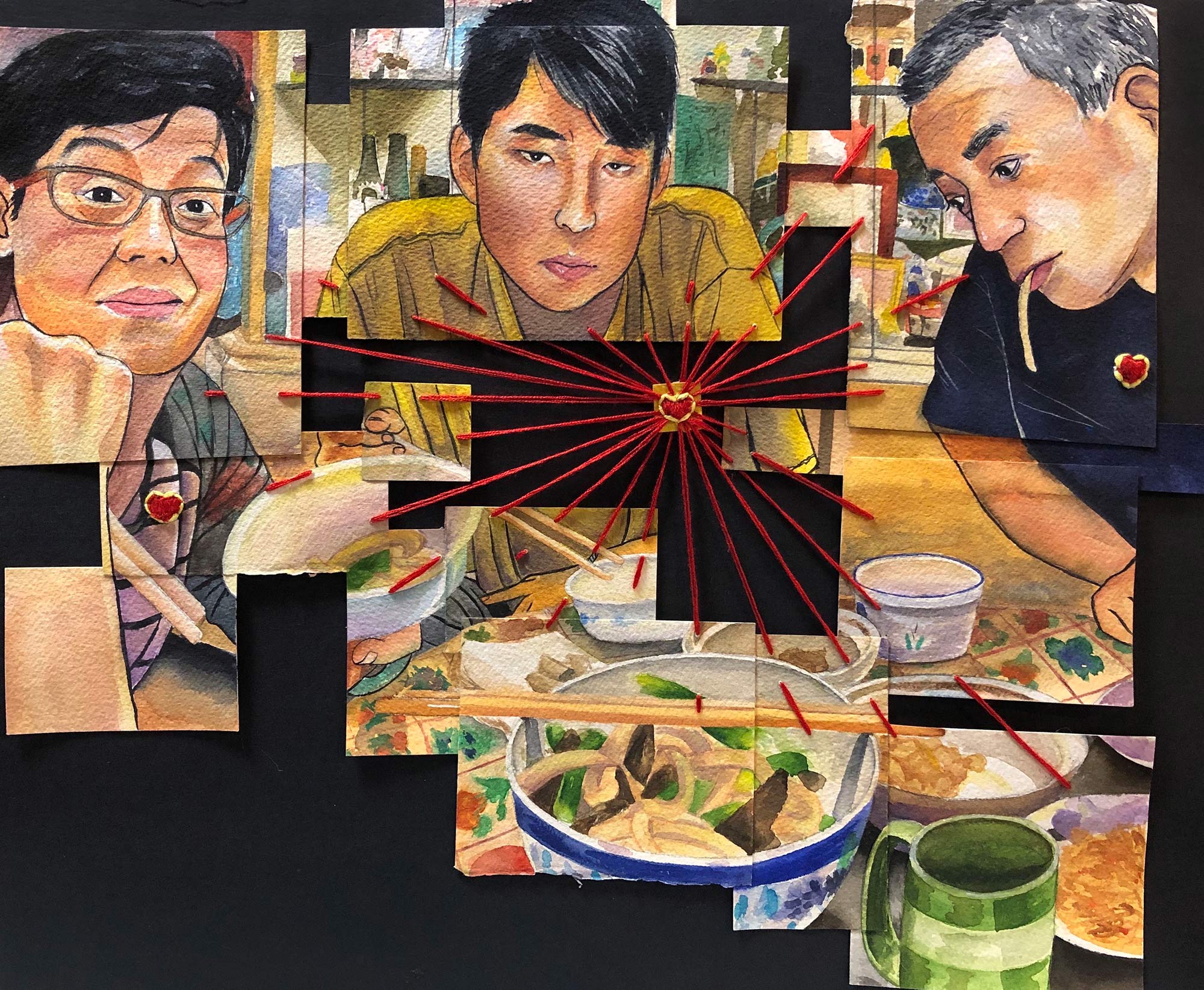 A collaged painting of three people around a restaurant table