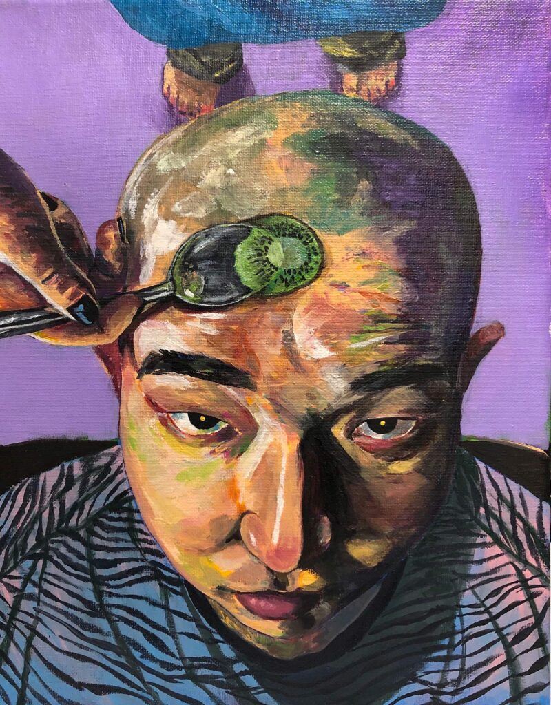 A painting of a man with kiwi being scooped from his head