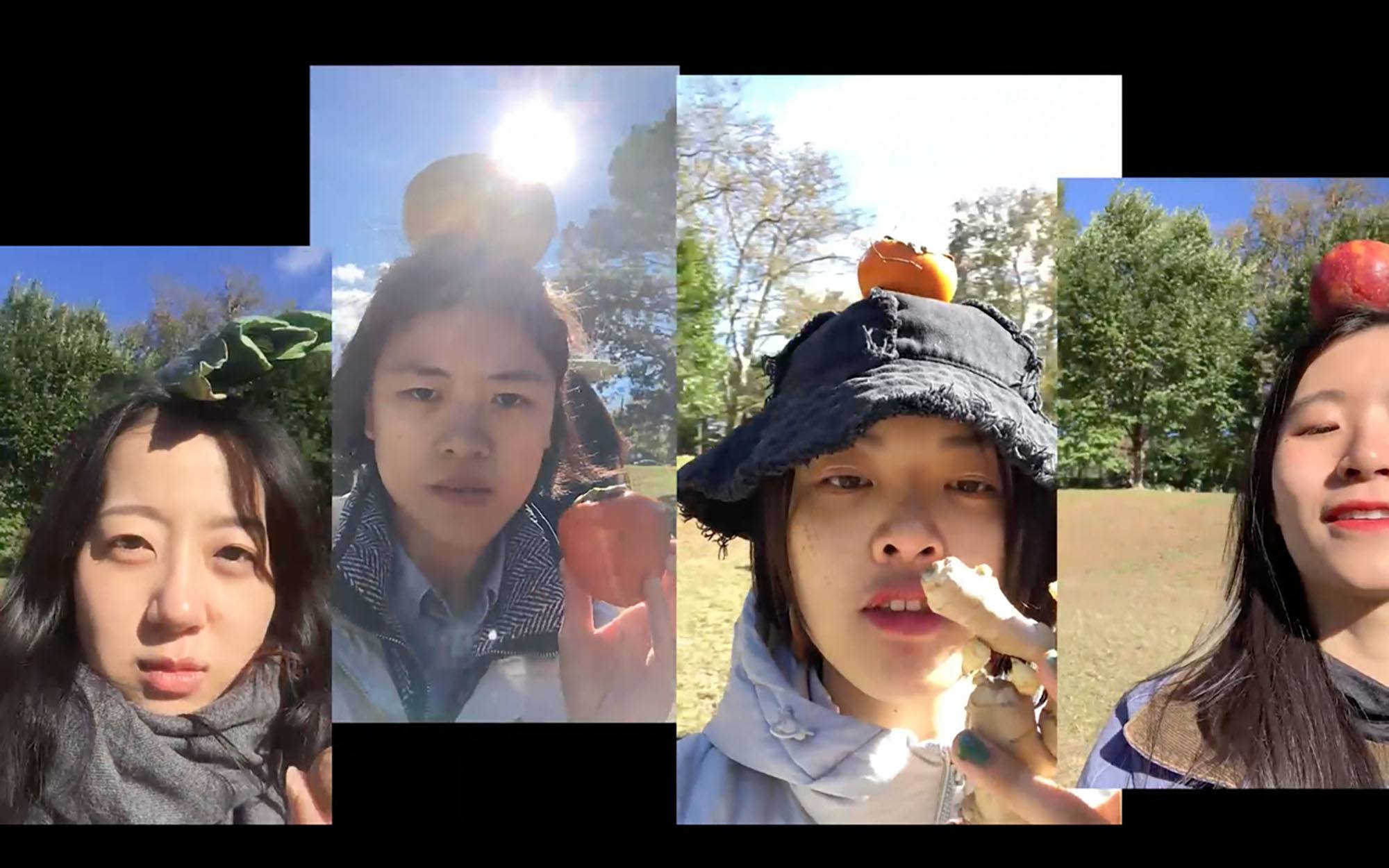 four images of a woman with a fruit on her head