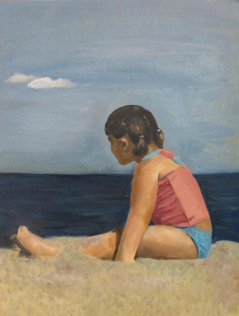 A painting of a young girl on the beach