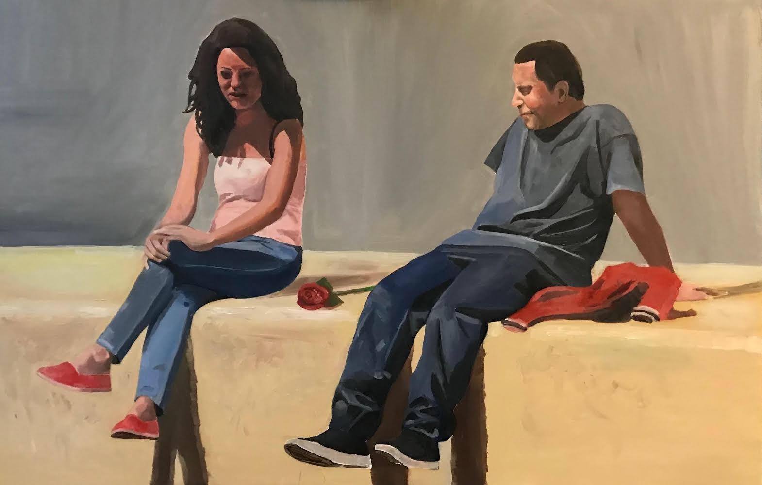 A painting of two people sitting with a rose between them