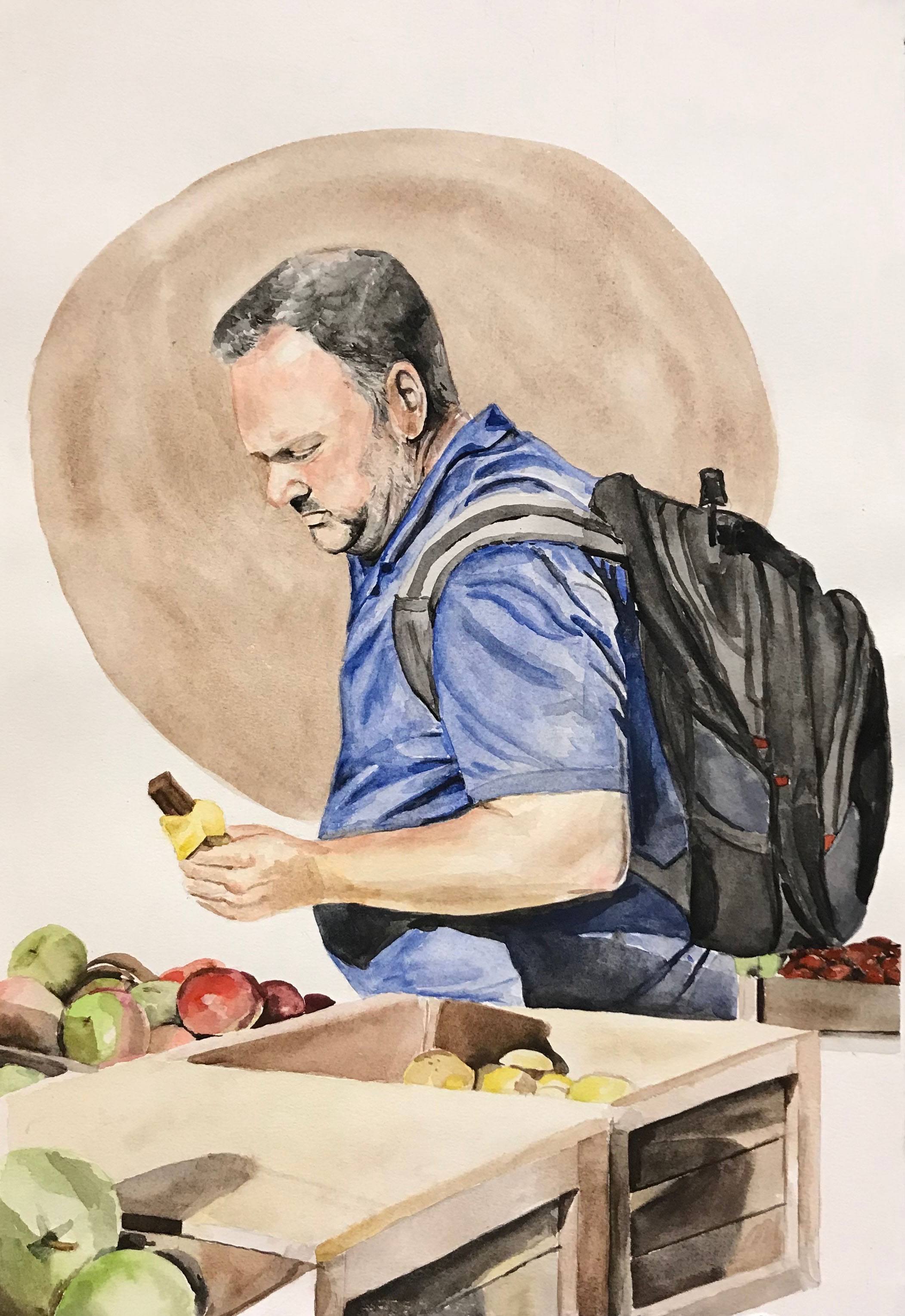 A painting of a man at the supermarket