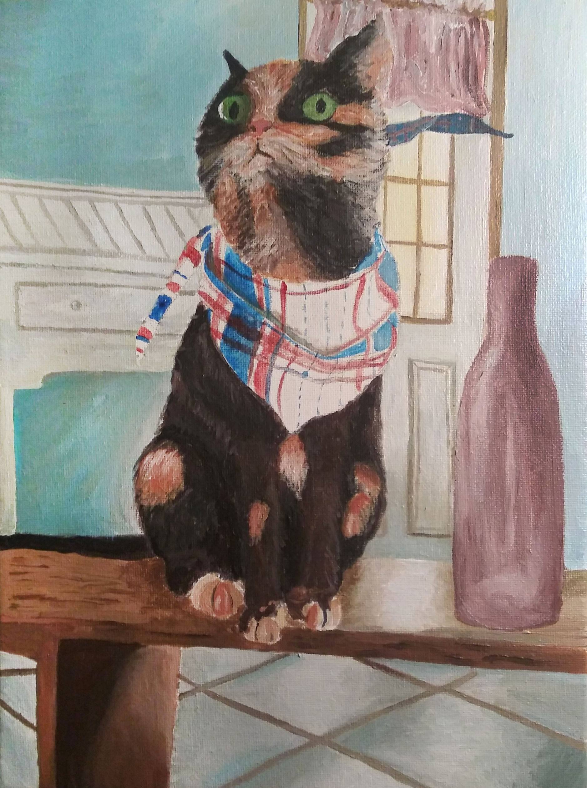 A painting of a cat on a bench