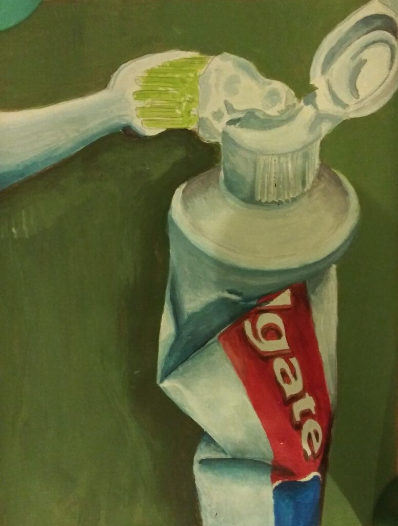 A painting of a toothbrush and toothpaste