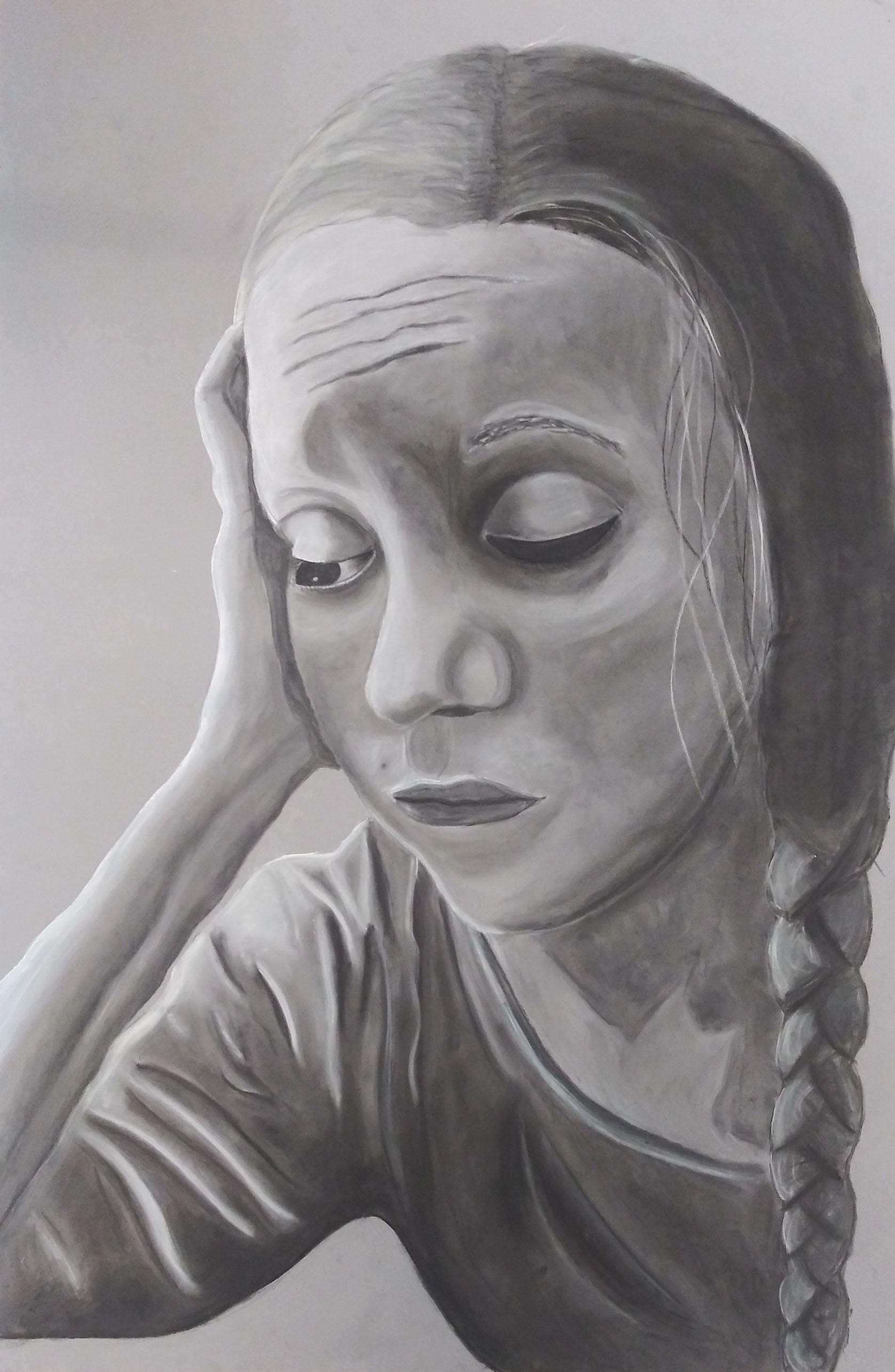 A charcoal drawing of a woman holding her head up with a hand