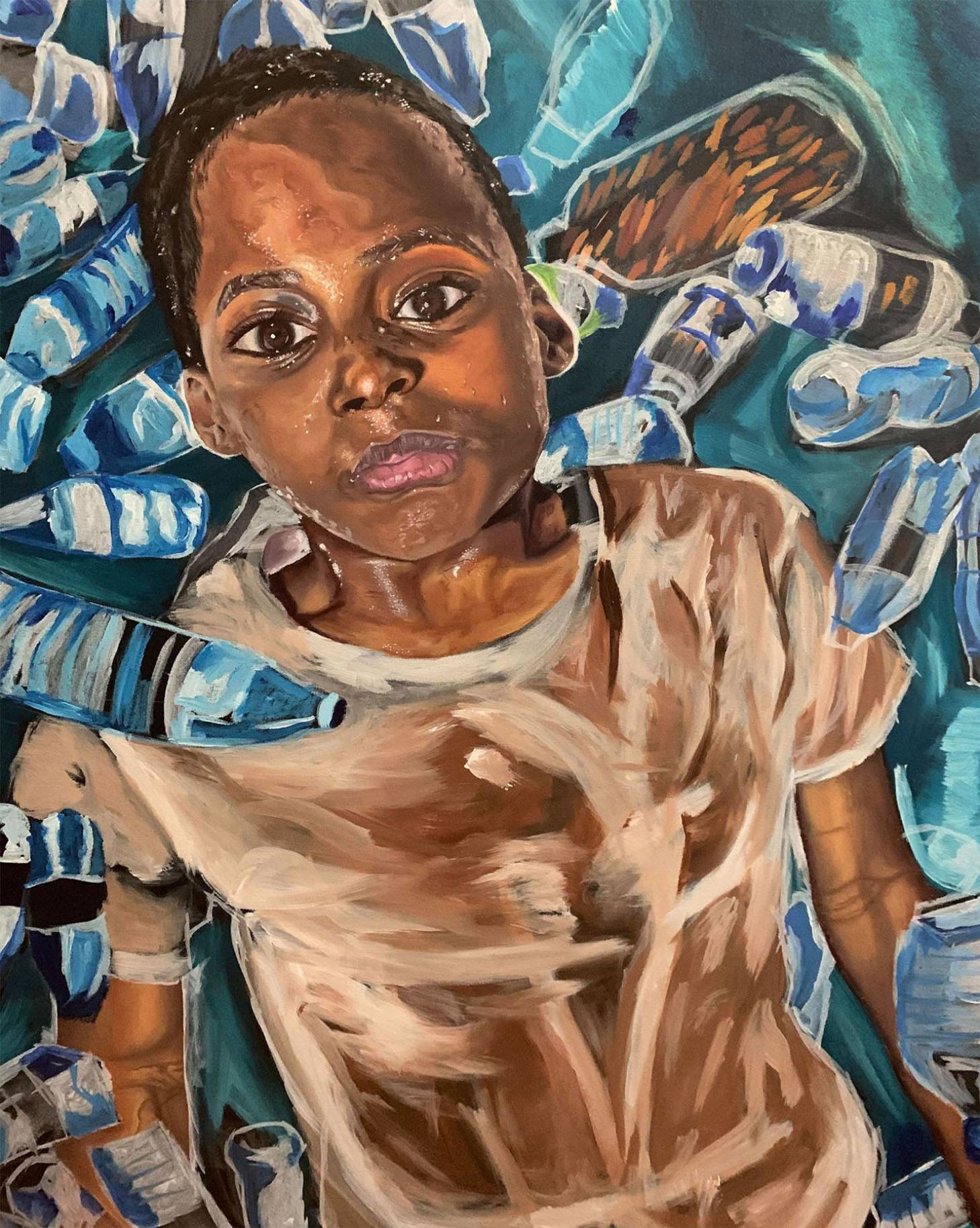 A painting of a young boy surrounded by plastic bottles