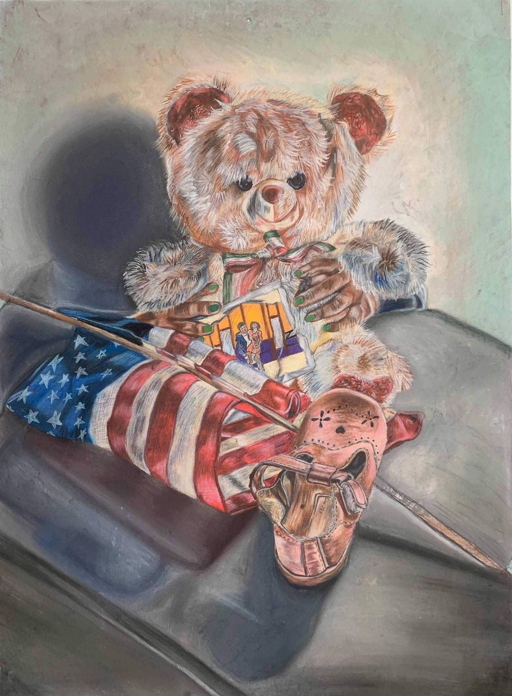 An illustration of hands holding a teddy bear with other assorted items