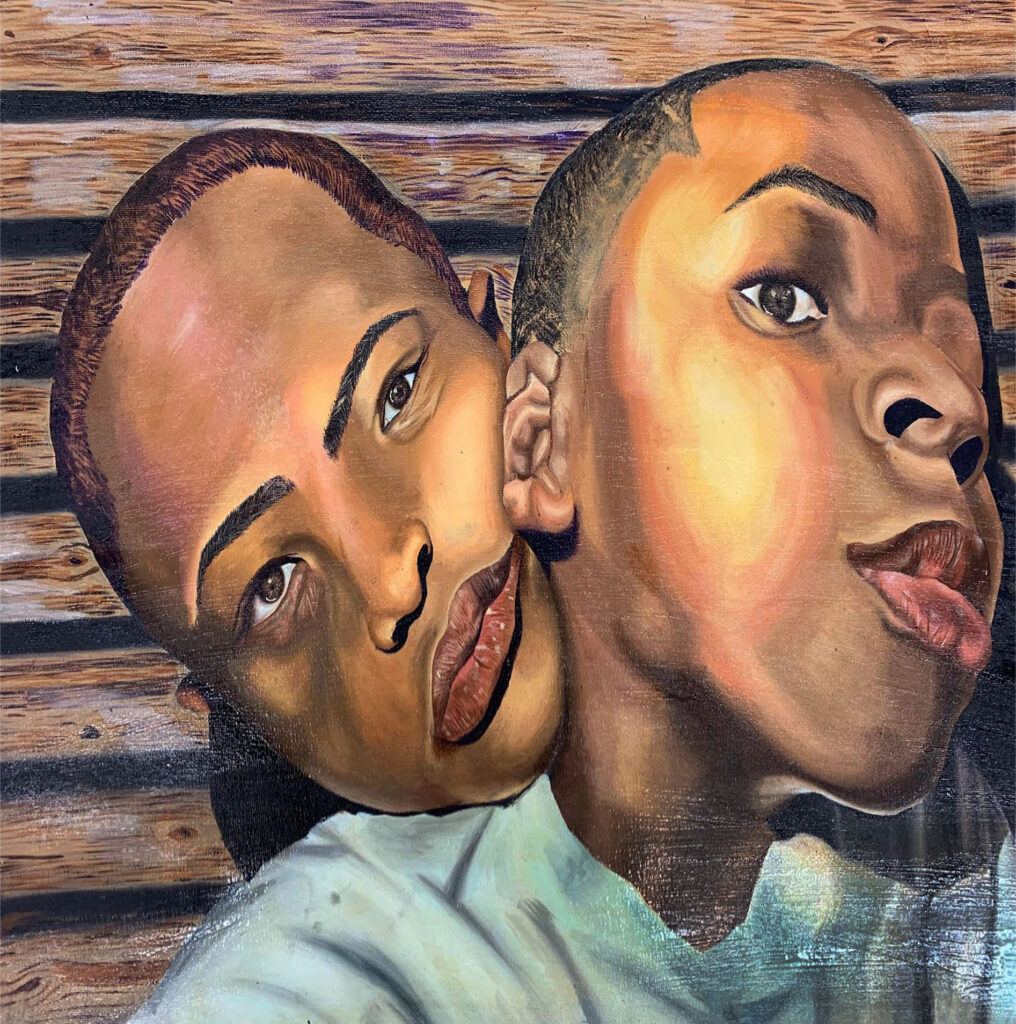 A painting of two people with their heads touching