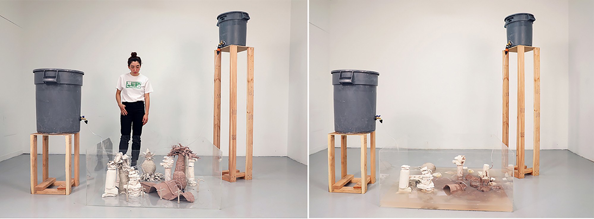 'Frágil sumario de la historia natural de las indias (A Fragile Natural History of the Indies)', May 2019, wood, DIY rain barrels, irrigation sprinkle system, plaster, unfired clay and porcelain, water, plexiglass container, variable dimensions.
