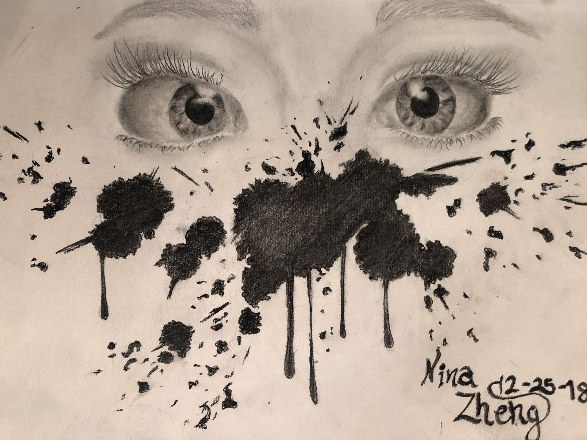 An illustration of two eyes and ink stains