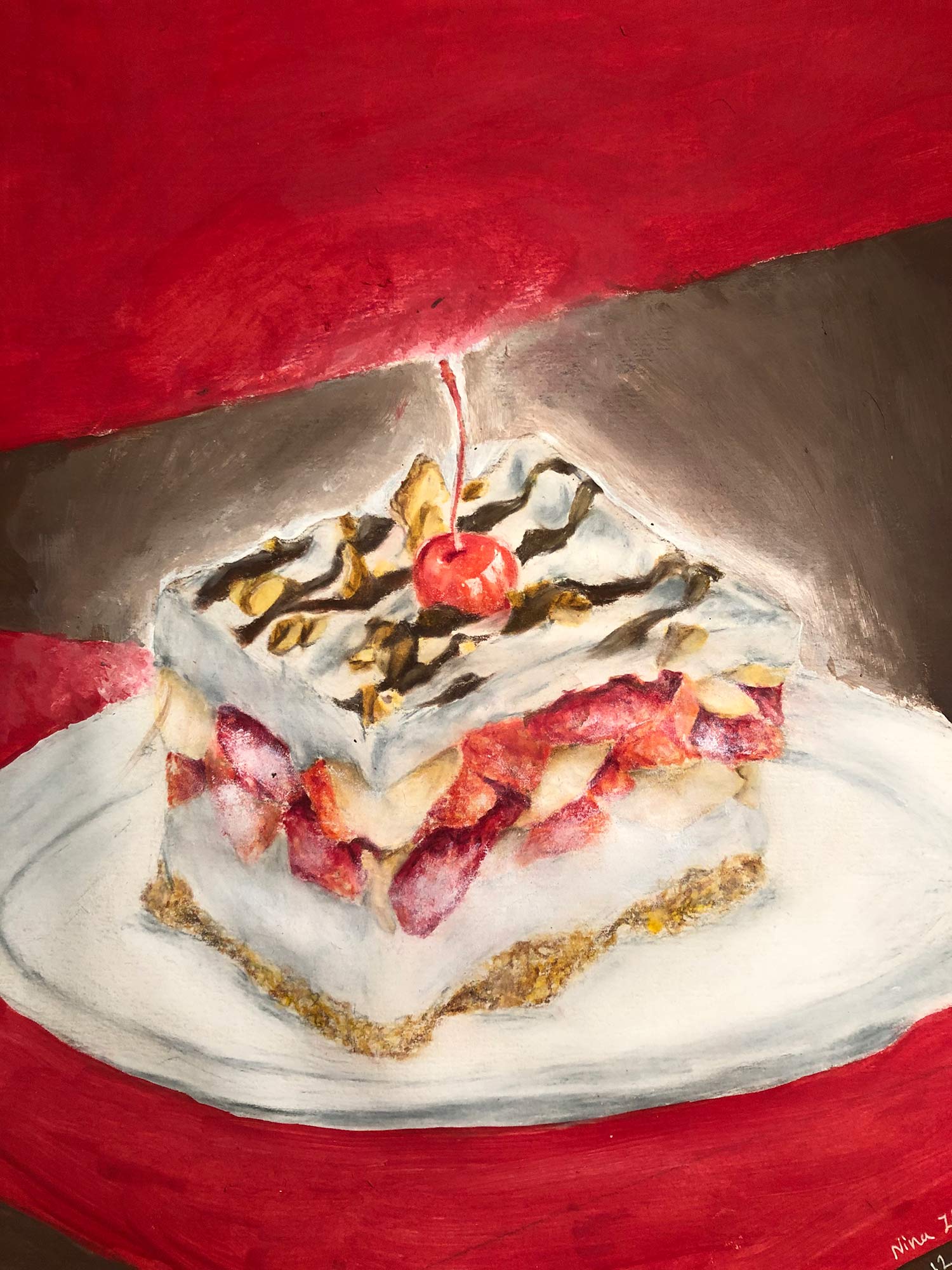 A painting of a rectangular slice of layered cake with strawberries