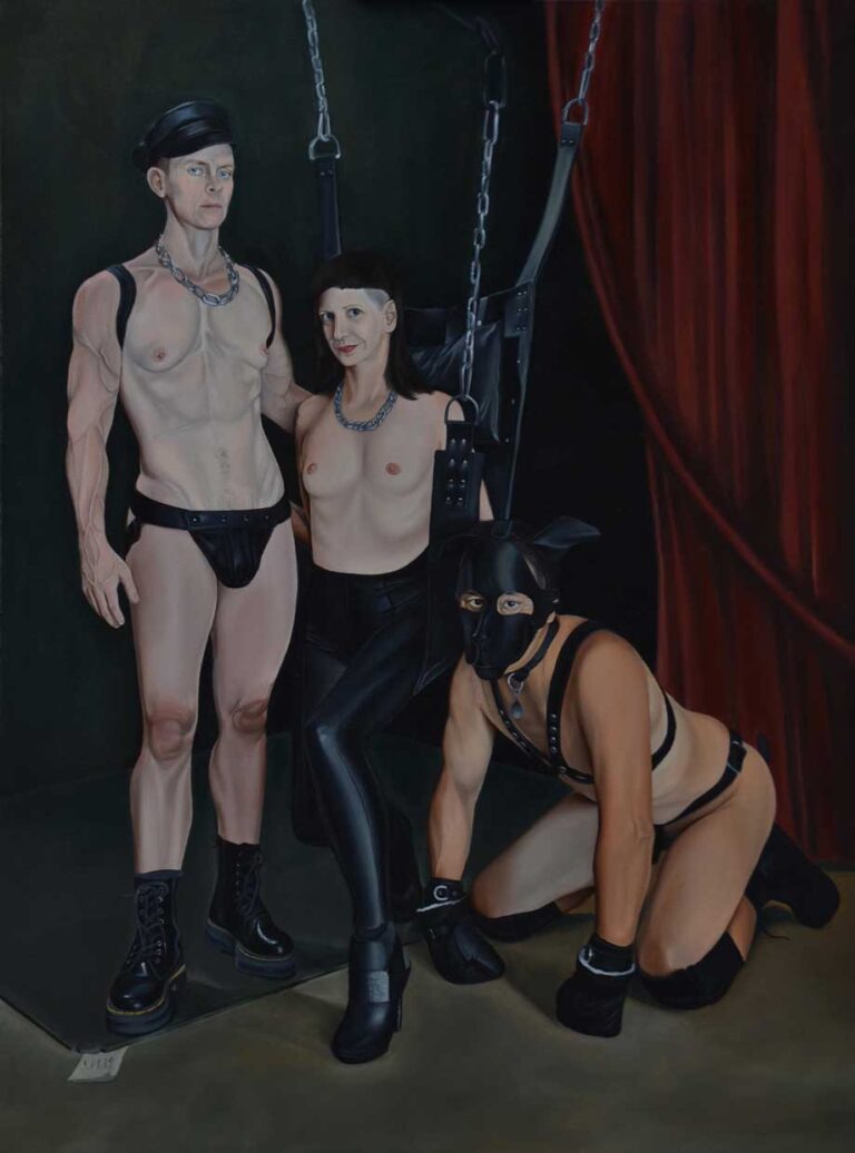 A painting of three partially nude individuals wearing leather and chains