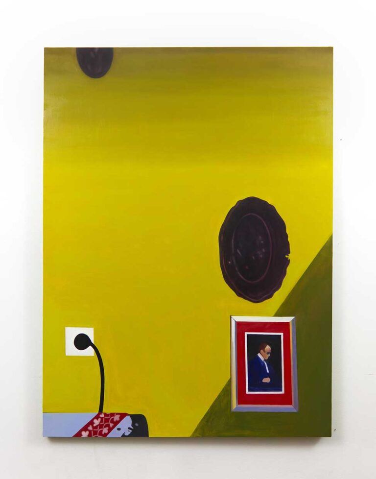 A painting of a yellow wall with an outlet and plug, a framed photograph, and other ornament