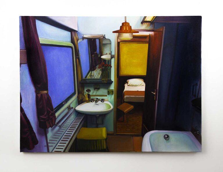 A painting of a bathroom and bedroom
