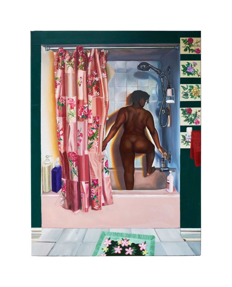 A person with dark skin standing nude in a bathtub
