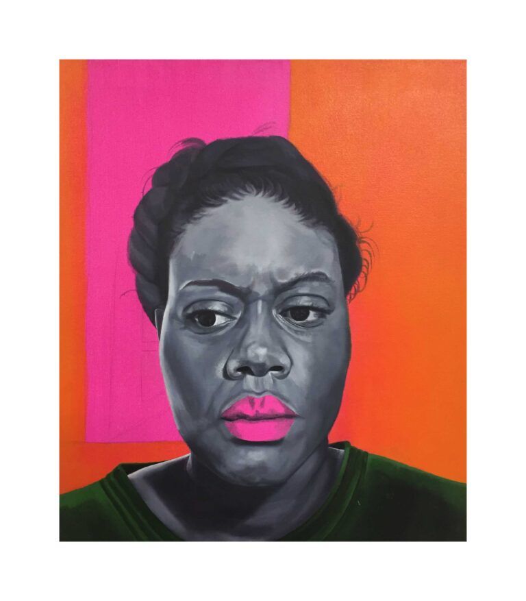 A painting of a woman with dark skin, painted in black and white, with bright pink lips on a bright pink and orange background