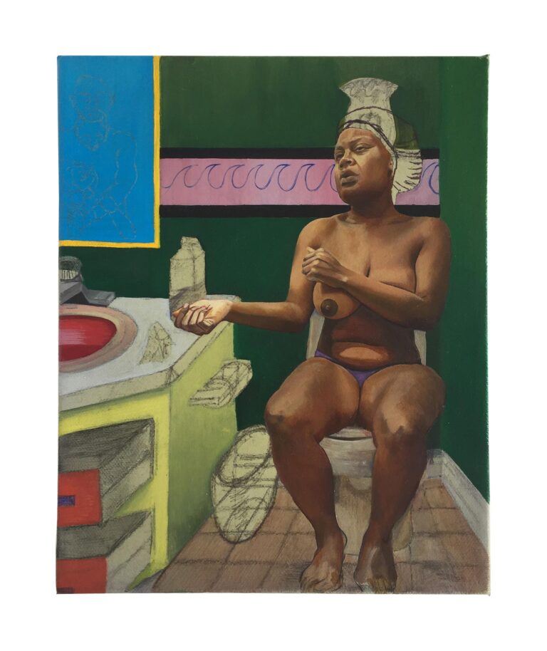 A painting of woman with dark skin sitting partially nude in a bathroom