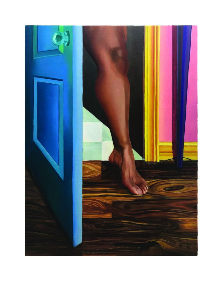 A painting of a leg with dark skin steps from a tiled room onto a wood floor