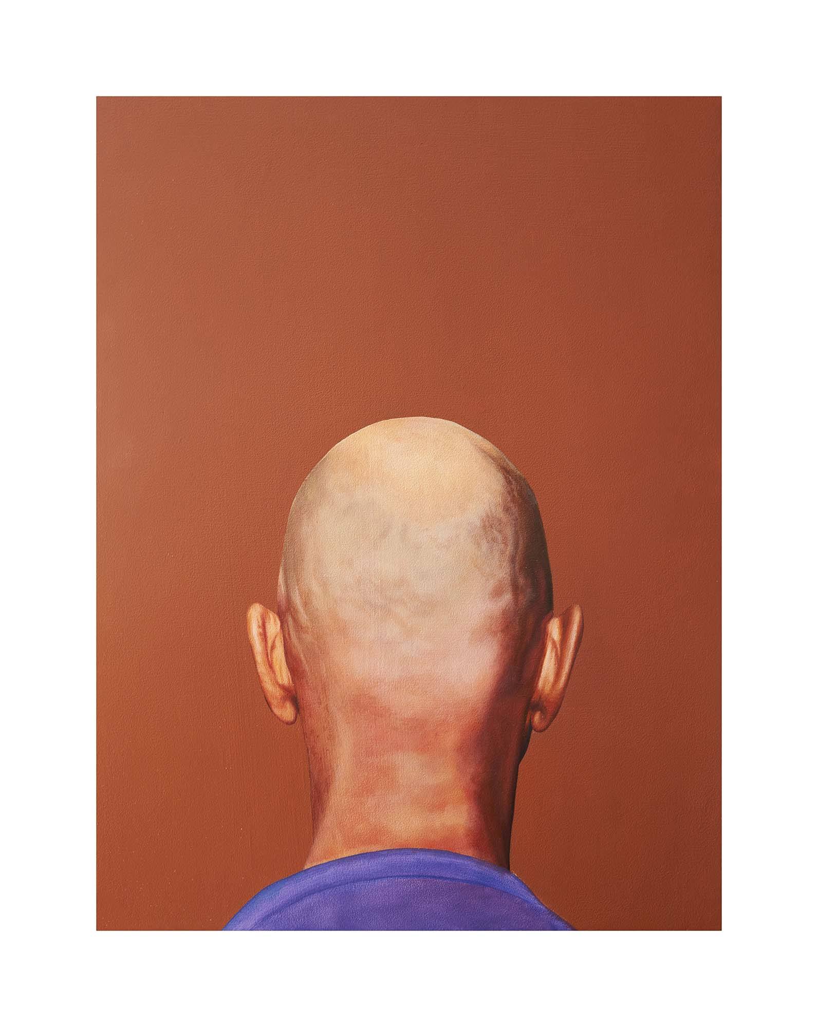 A painting of the back of a head. The subject is bald and wearing a purple shirt
